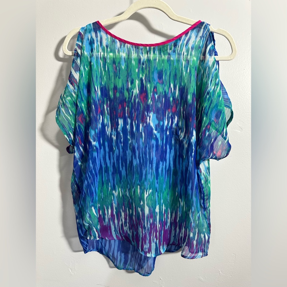 Express Women's S Blue White Pink Sheer Zip Back Cold Shoulder Blouse | SKU 0767